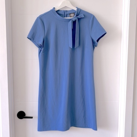 Womens Size 14 Vince Camuto Blue Tie Neck Short Sleeve Sheath Dress - Picture 5 of 11